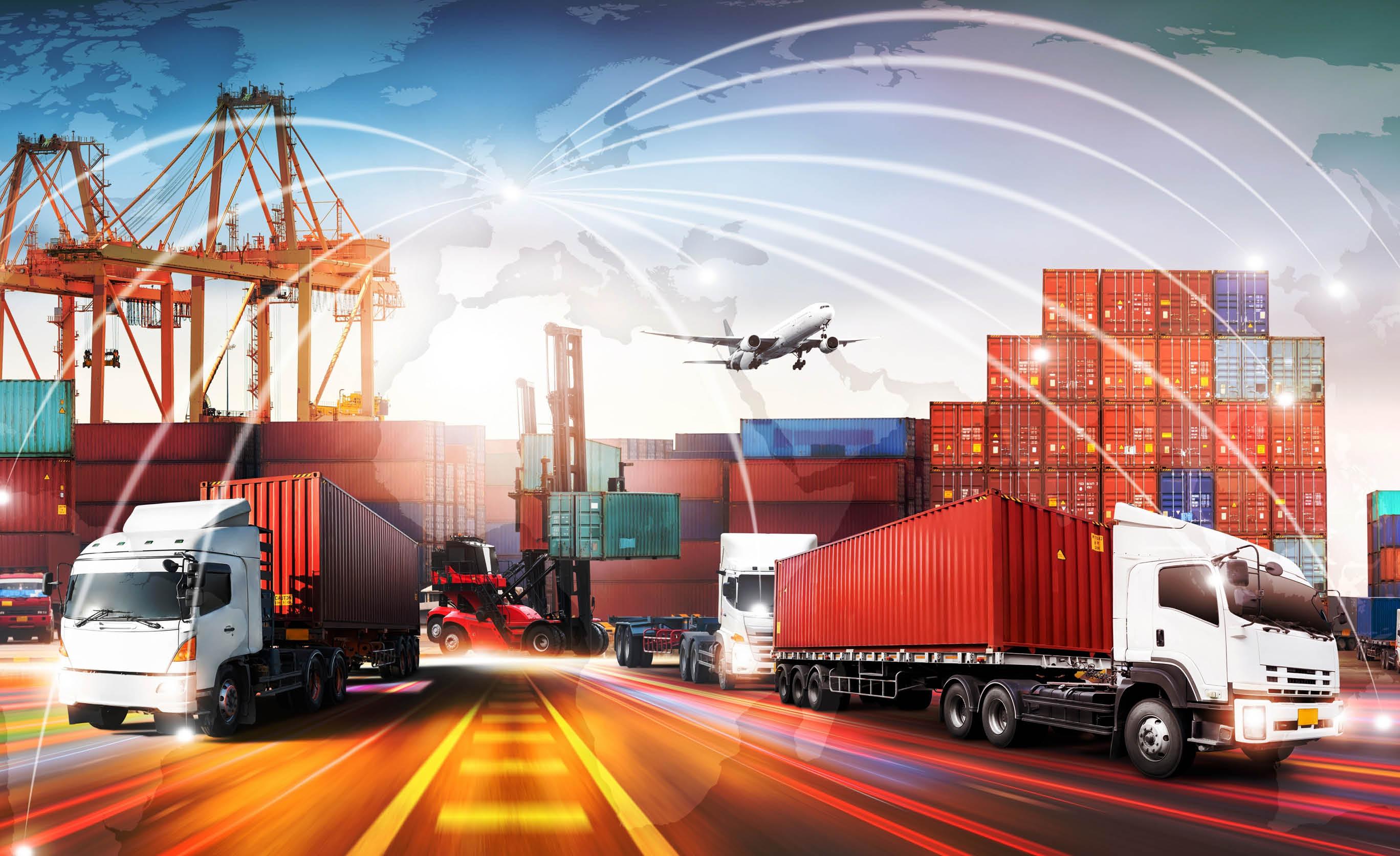 Global business logistics import export and container cargo freight ship during loading at industrial port by crane, container handlers, cargo plane, truck on highway, transportation industry concept